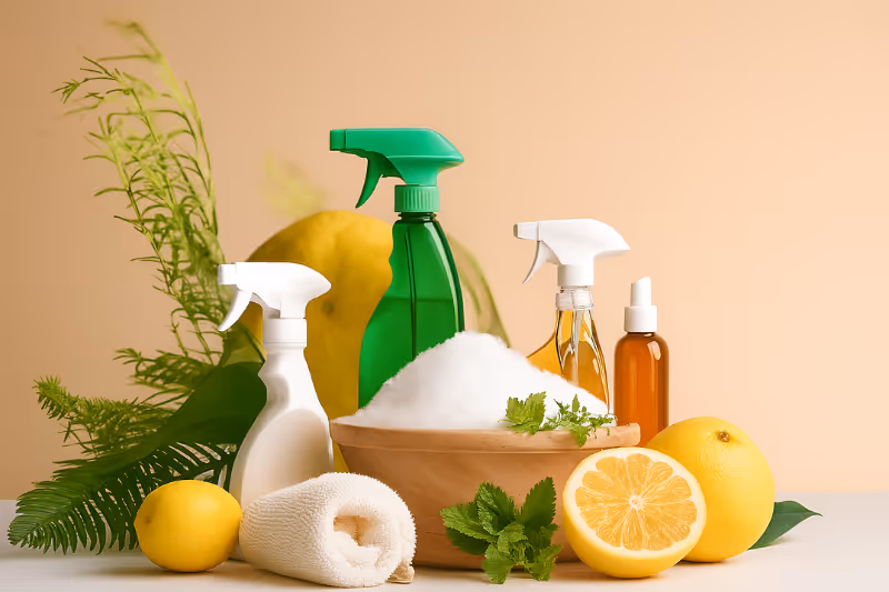 Eco-friendly cleaning supplies including spray bottles, natural lemons, and green plants on a countertop — representing non-toxic house cleaning services in Lititz, PA.