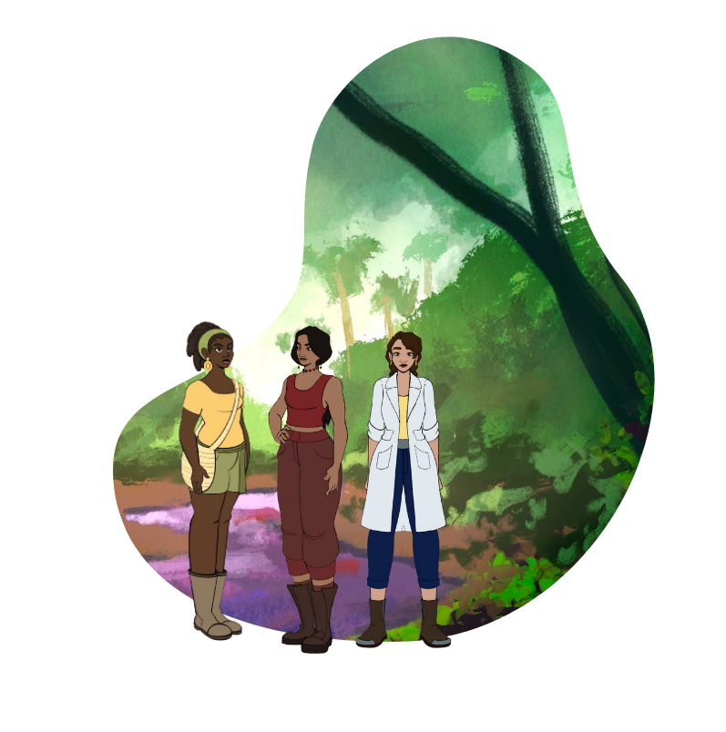 Illustration of three women standing in a lush green forest background with a dirt path and tall trees.