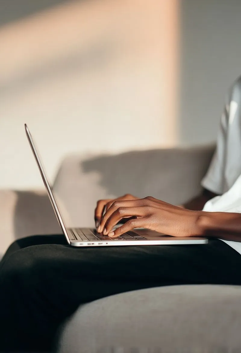 Person typing on a laptop while sitting on a gray couch in natural light.