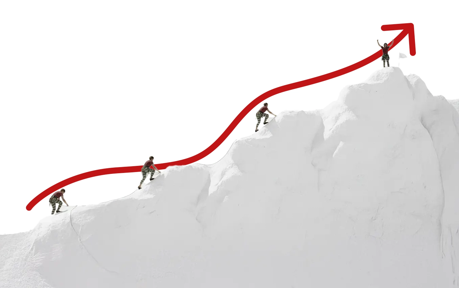 Four sequential images of a person climbing a white mountain shape with a red upward arrow indicating progress and the person celebrating at the peak.