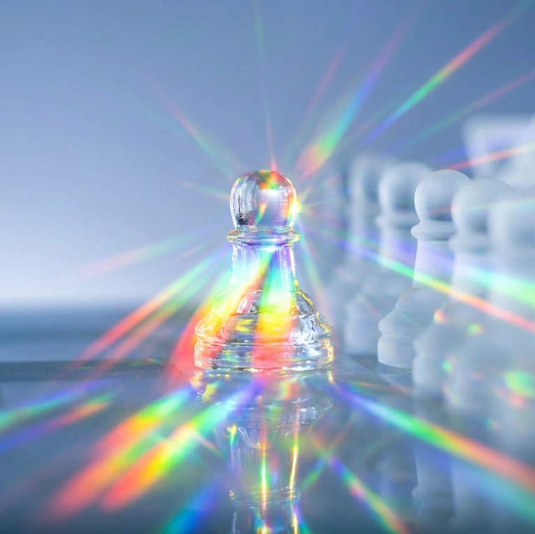 A clear glass chess pawn surrounded by colorful light rays with blurred white pawns in the background.