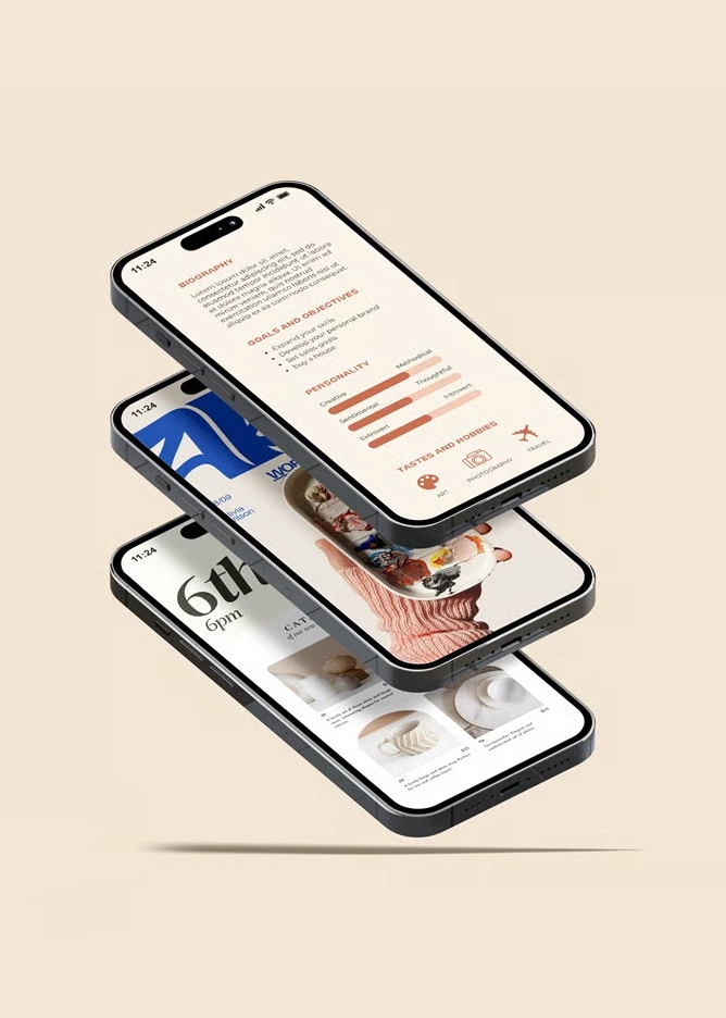 Three smartphones floating vertically, displaying different apps including a biography with charts, an art-related image, and a calendar event.