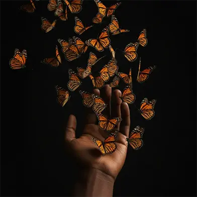 Dark-skinned hand reaching upward surrounded by numerous vibrant orange monarch butterflies against a black background.