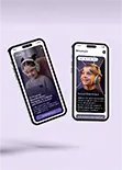 Three smartphones floating vertically, displaying different apps including a biography with charts, an art-related image, and a calendar event.