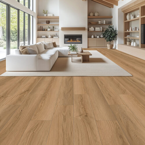 Living room with wide-plank light oak waterproof flooring