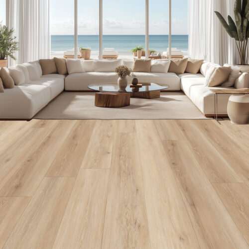 Living space with warm wood-look flooring