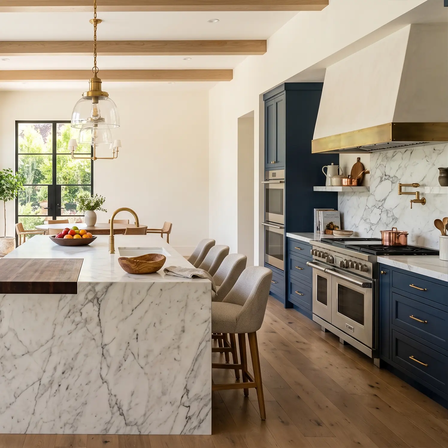 Modern kitchen with pale oak cabinets, dark island and stone backsplash