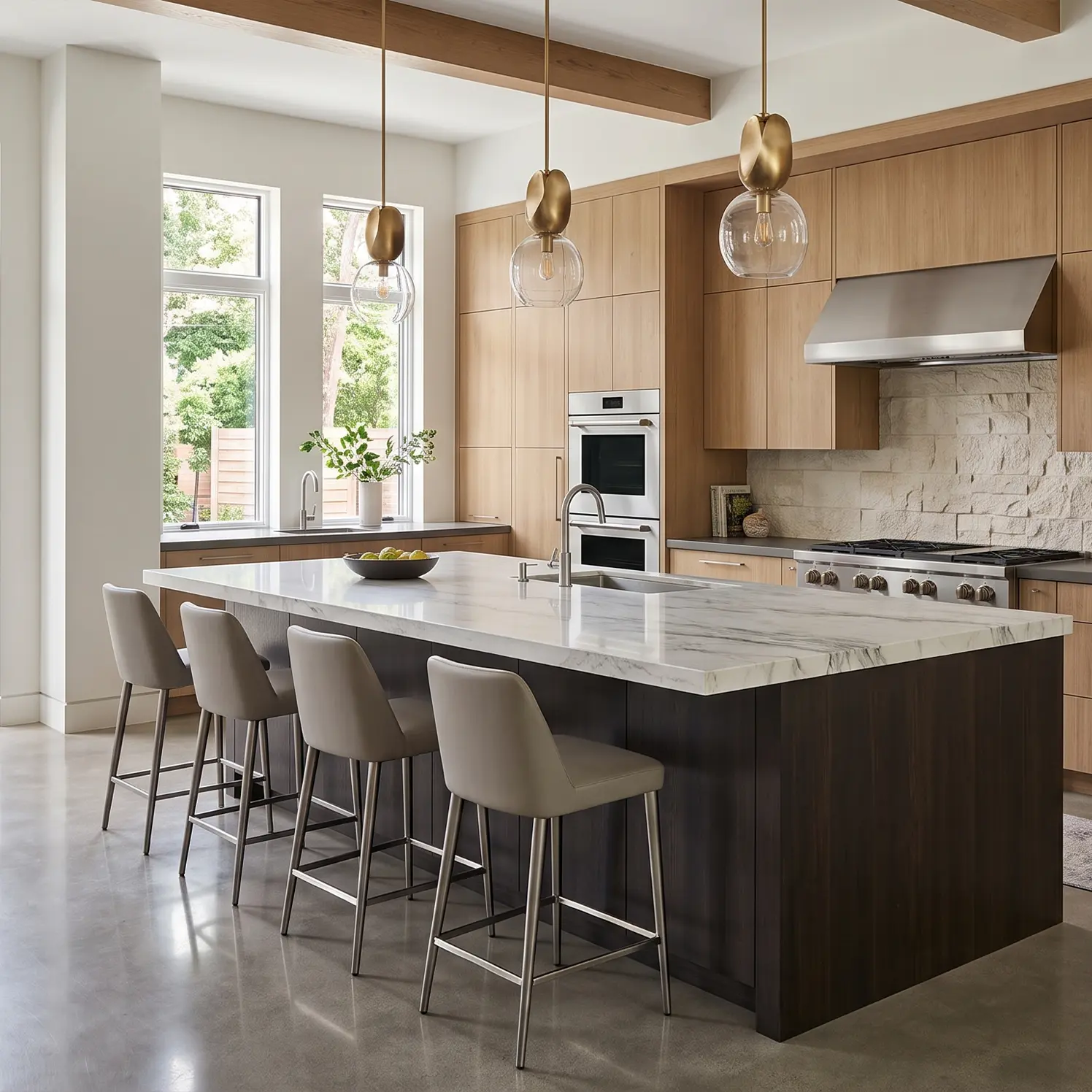Kitchen with navy cabinetry, marble waterfall island and brass hardware