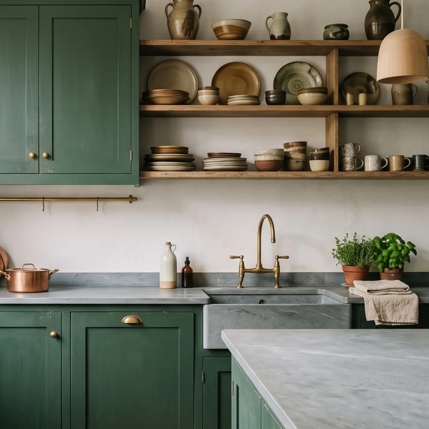 Kitchen with walnut cabinetry, plaster hood and herringbone tile backsplash