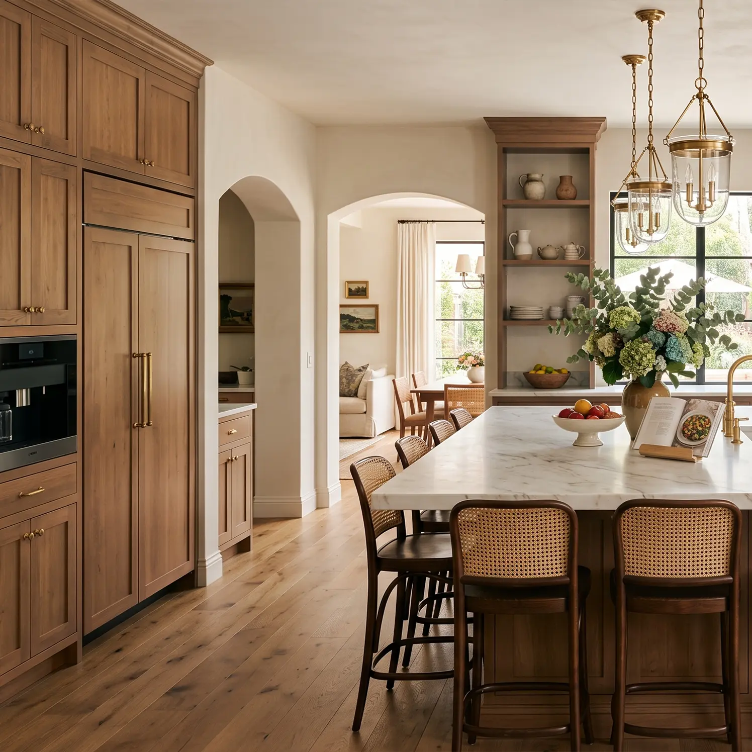 Galley kitchen with charcoal cabinets, marble counters and steel windows