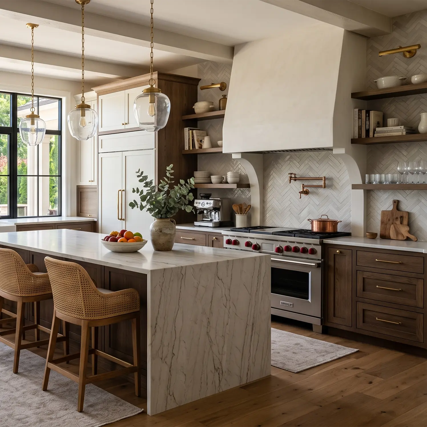 Kitchen with green shaker cabinets, brass bridge faucet and open shelving