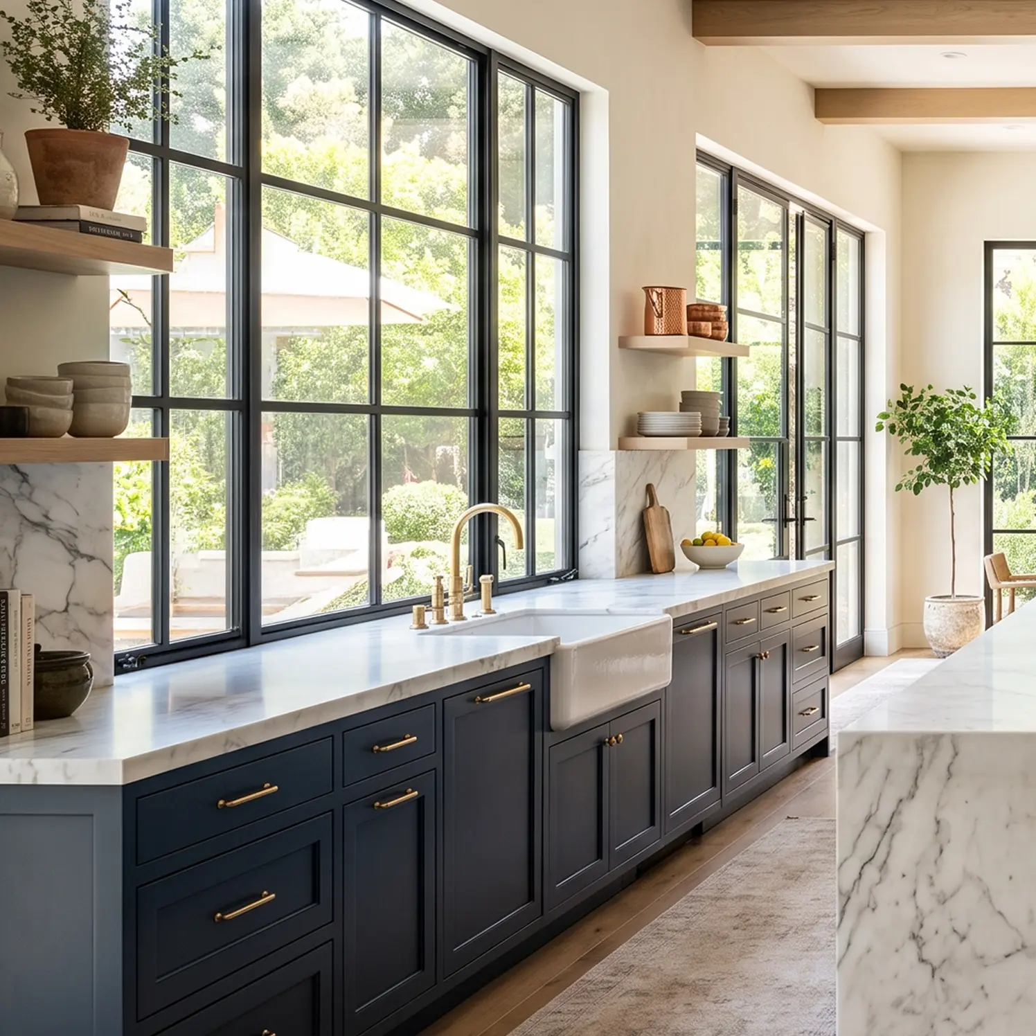 Kitchen with white oak cabinetry, marble island and cane counter stools