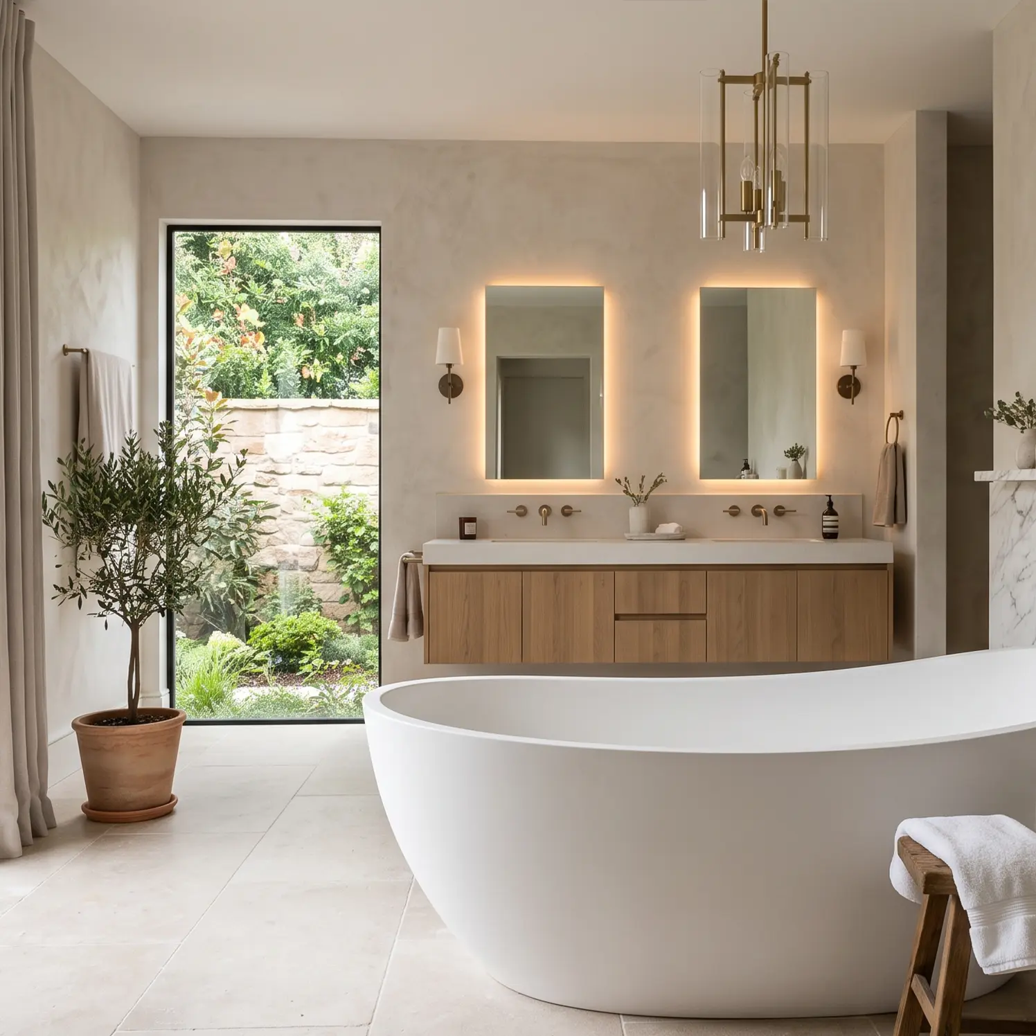 Primary bathroom with freestanding tub and large-format tile