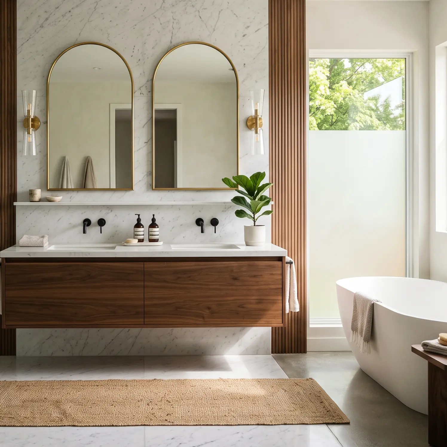 Bathroom with double vanity, marble counters and wall sconces