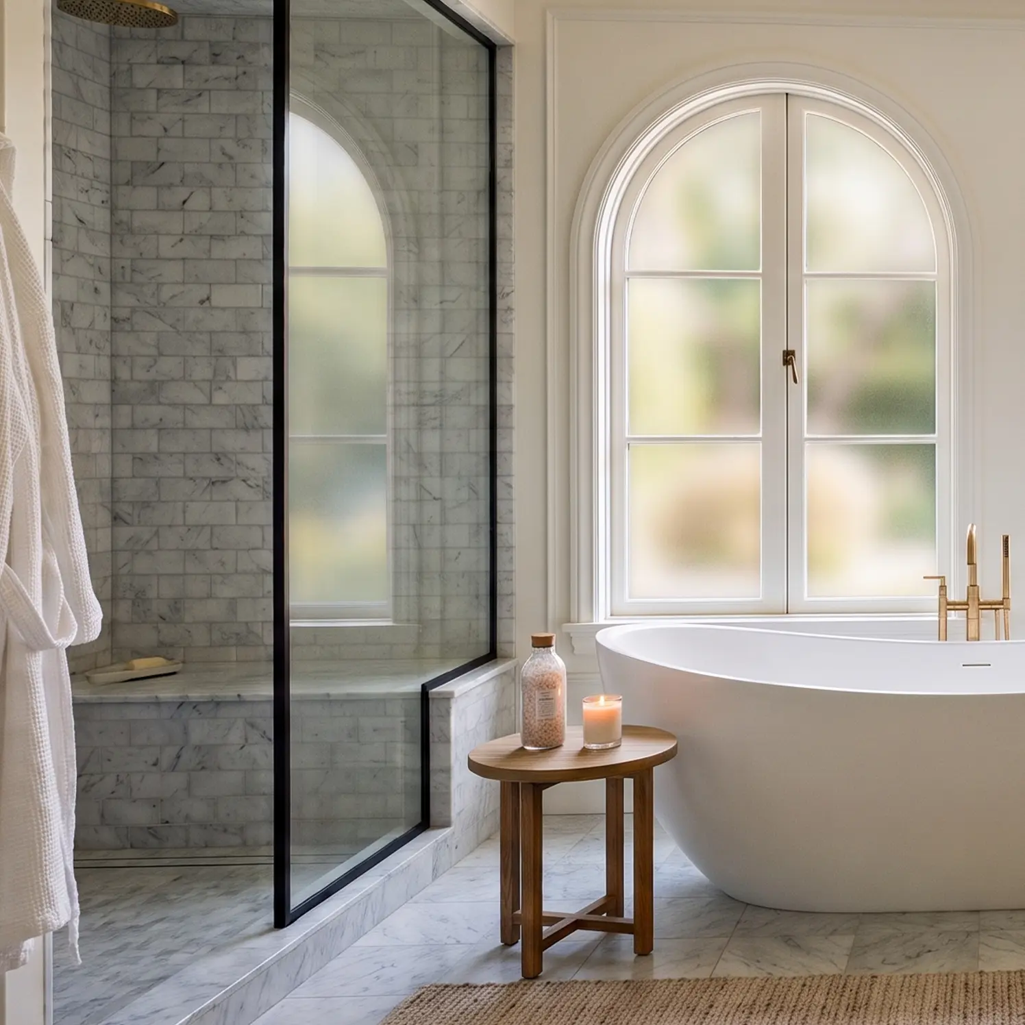 Bathroom with tiled walk-in shower and natural stone finishes