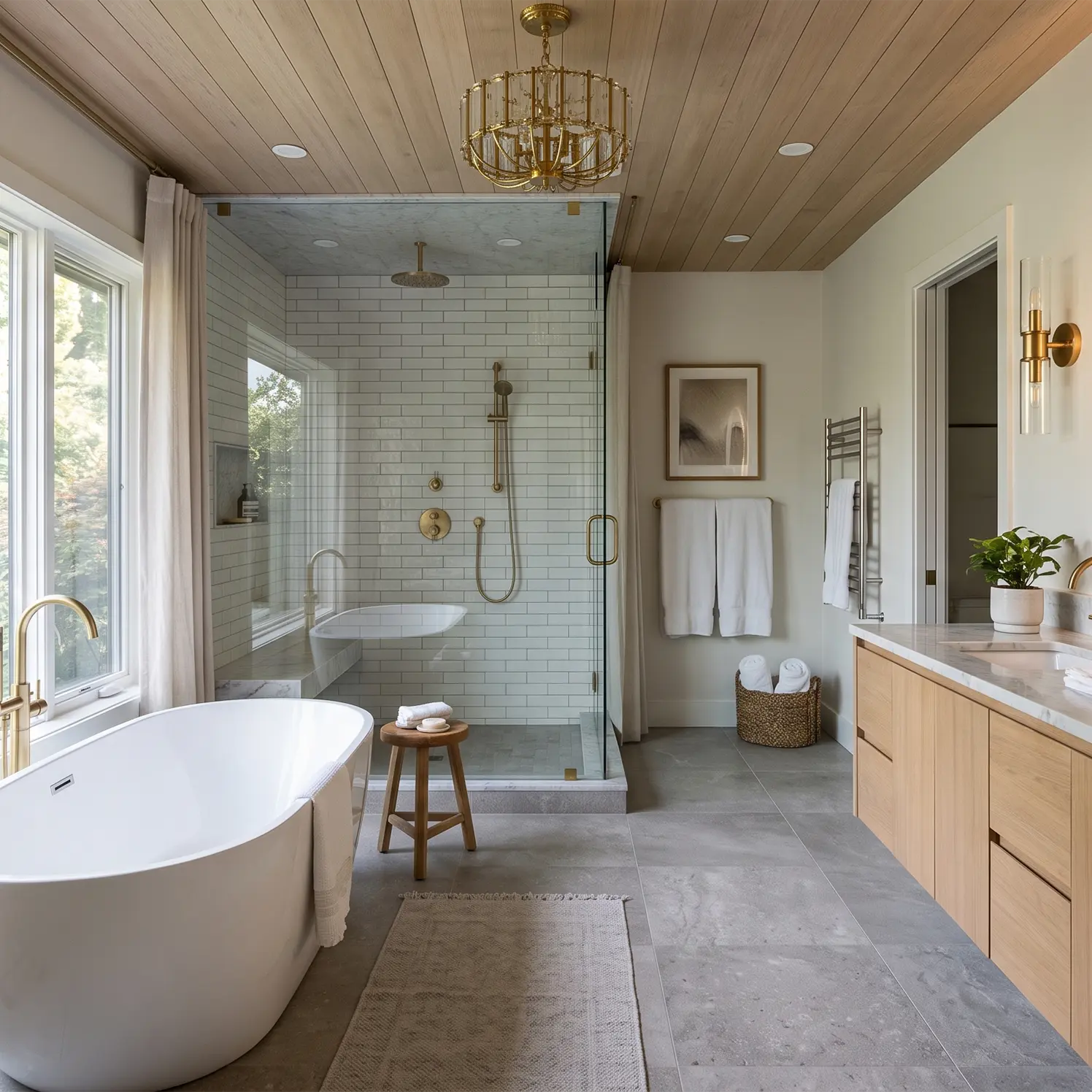 Bathroom detail with stone counter meeting tile backsplash