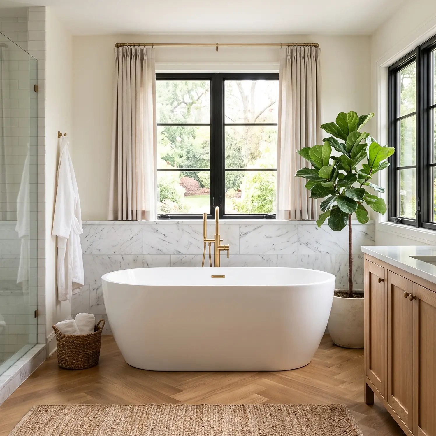 Bathroom vanity with stone counter and brass fixtures