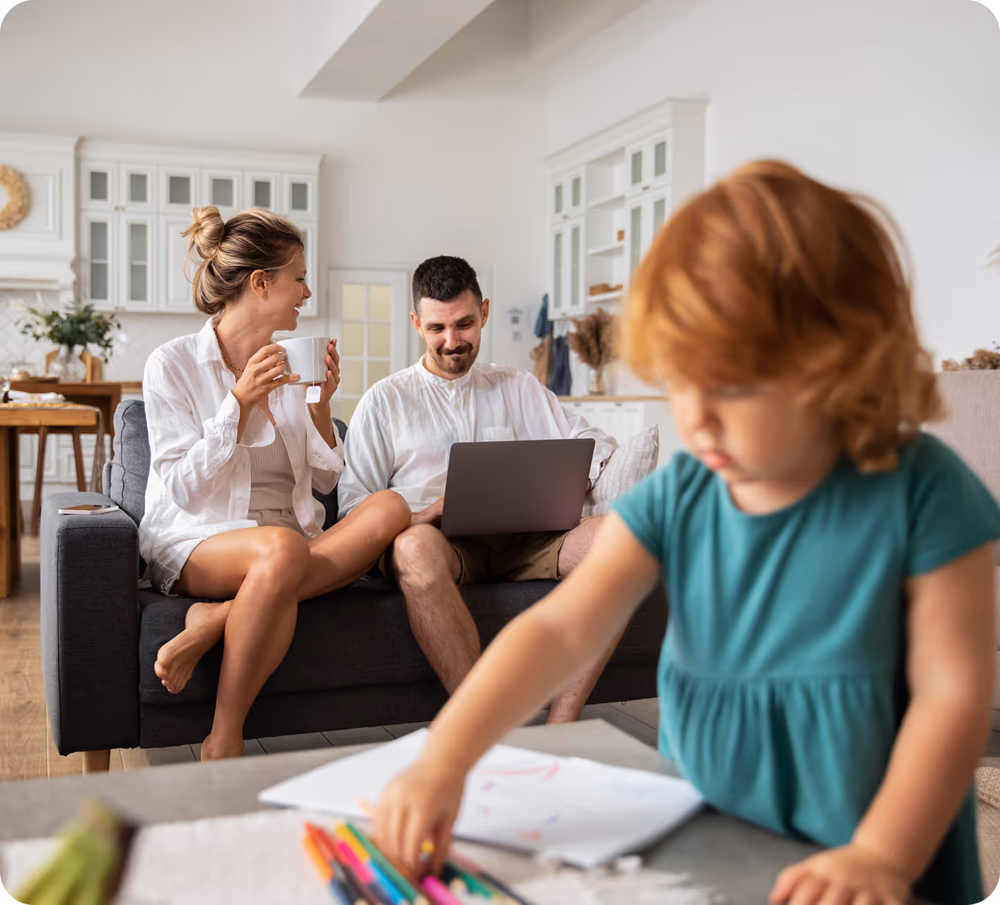 family with child in foreground testing for radon