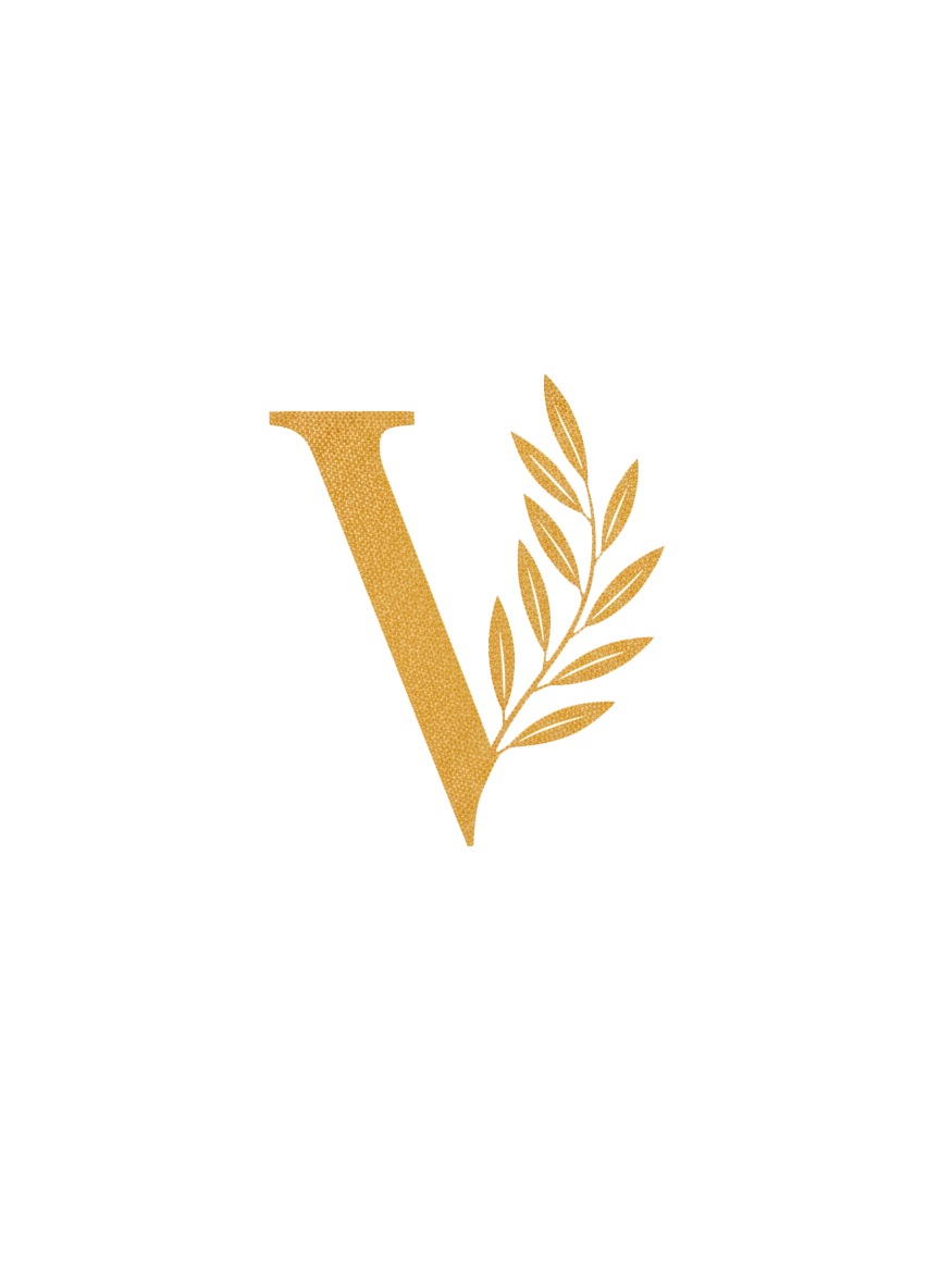 Gold letter V with stylized olive branch on the right side.