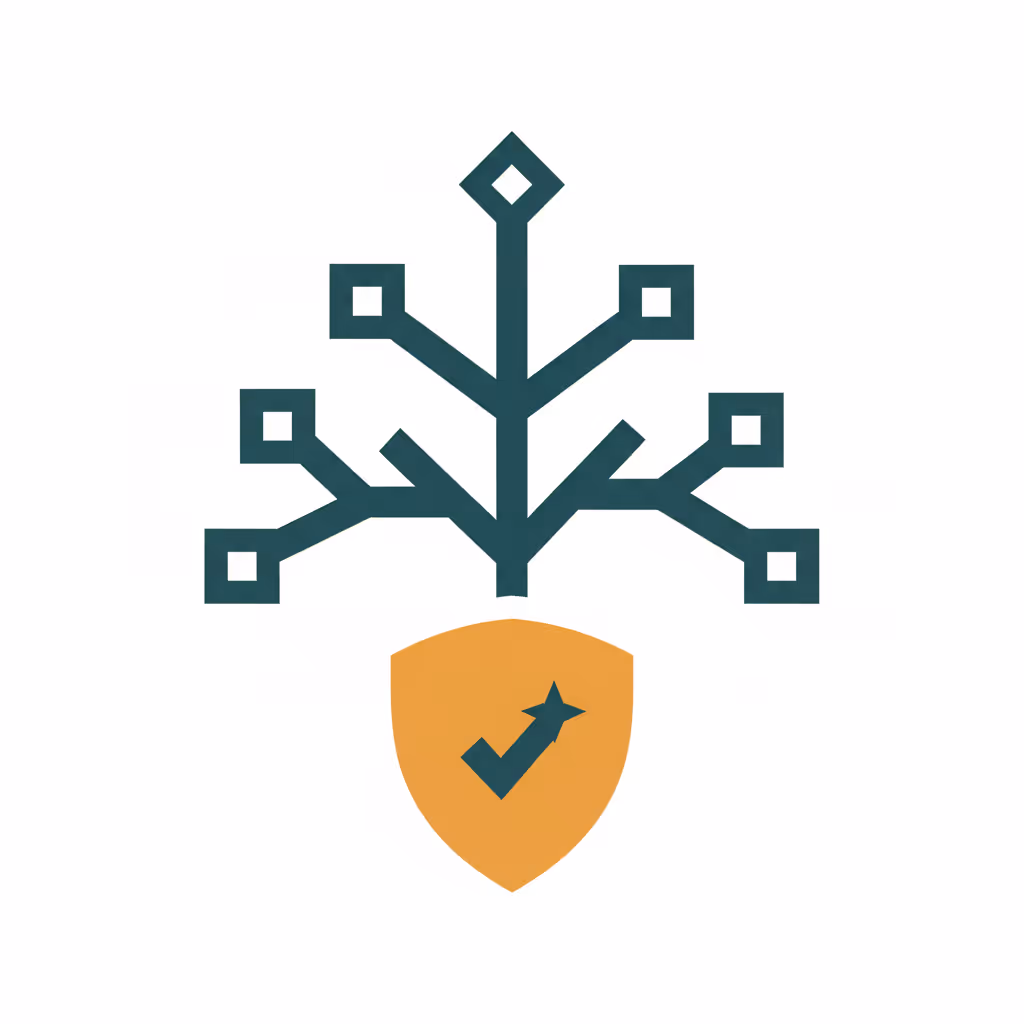 Abstract network branches connected above a shield with a checkmark indicating security or compliance.