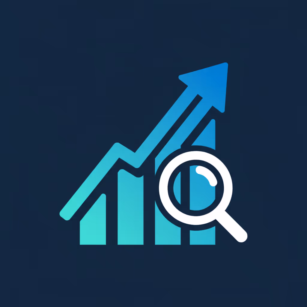 Magnifying glass over ascending bar chart with upward arrow indicating growth or analytics.