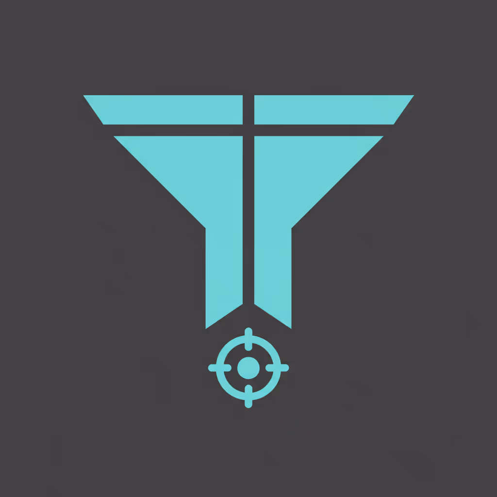 Abstract turquoise geometric emblem with a central vertical split and a target symbol below on a dark background.