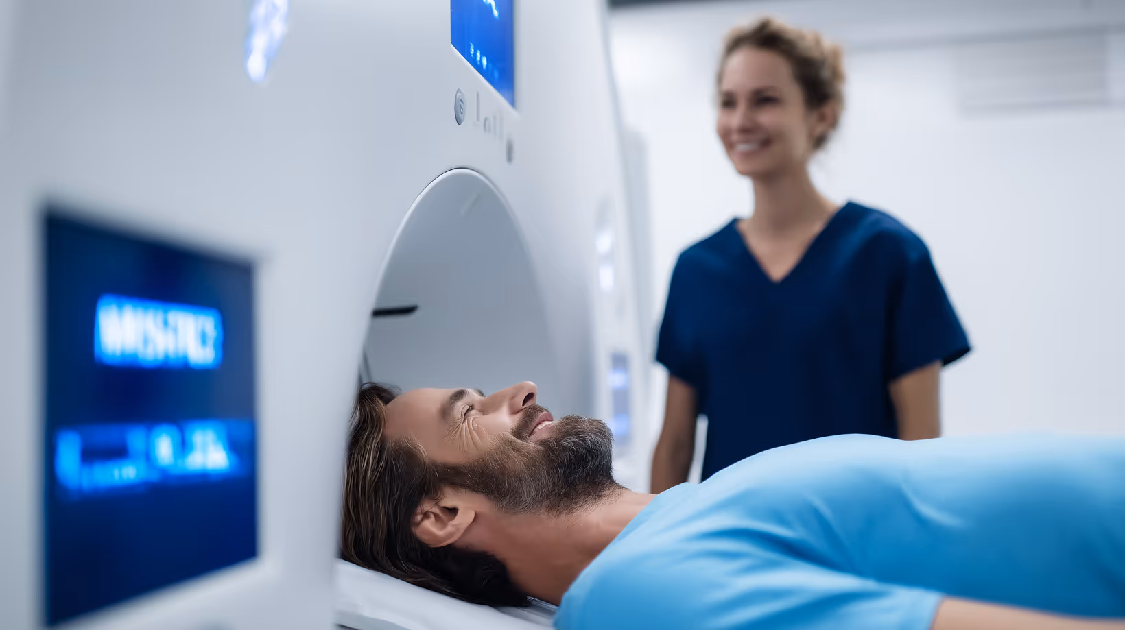 A middle-aged man under a CT scanner