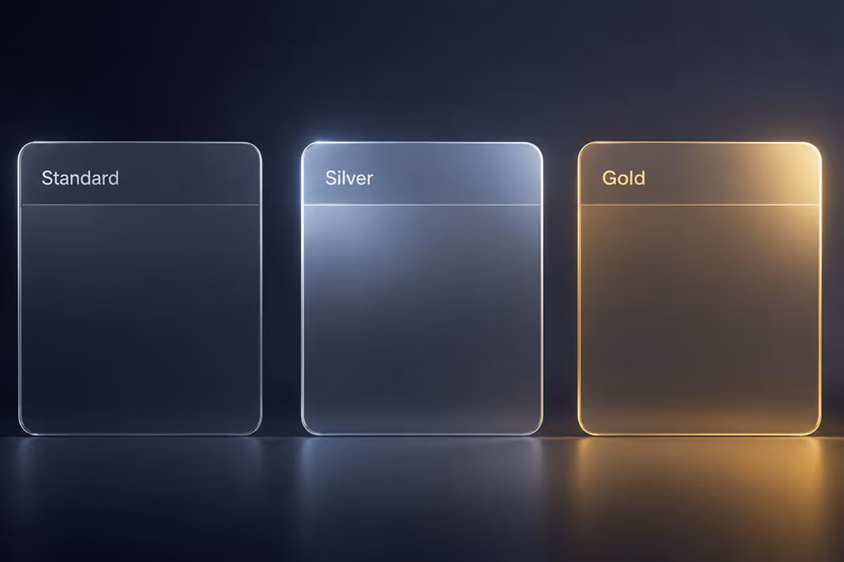 Three frosted glass cards representing Standard, Silver, and Gold MSIC service tiers against a dark navy background