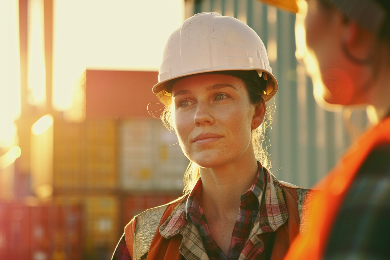 Female maritime worker in hard hat and hi-vis vest at an Australian shipping container port