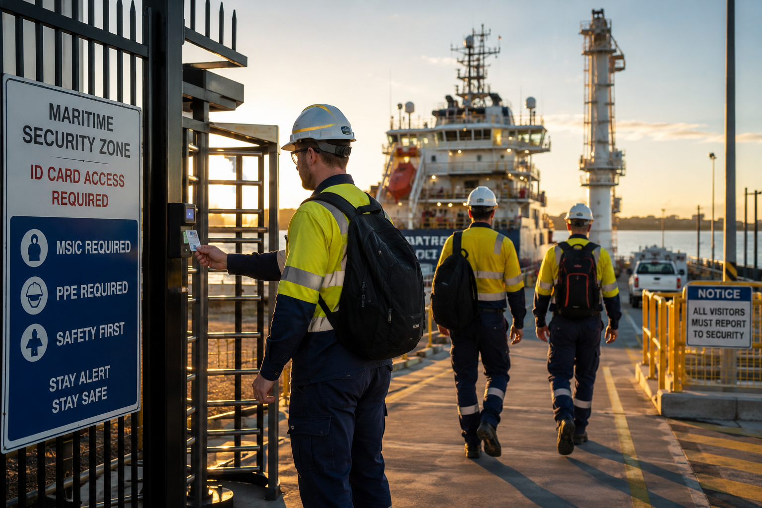 Professional port workers in hi-vis and hard hats entering an Australian maritime port facility