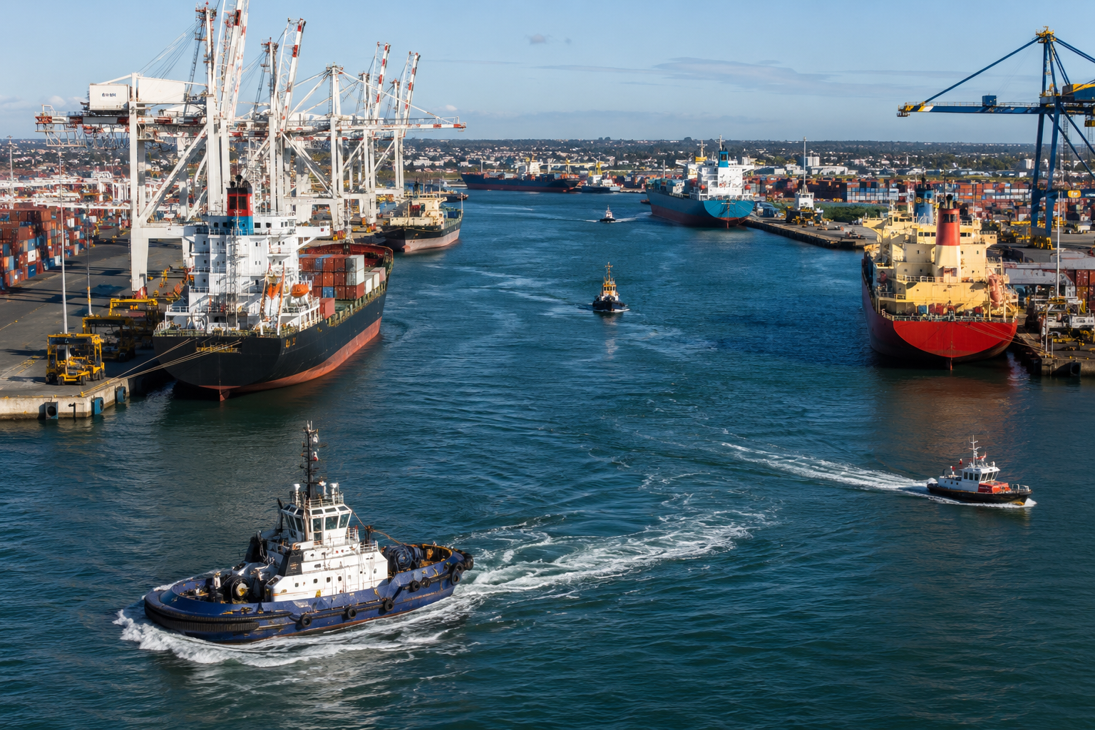 Professional port workers in hi-vis and hard hats entering an Australian maritime port facility