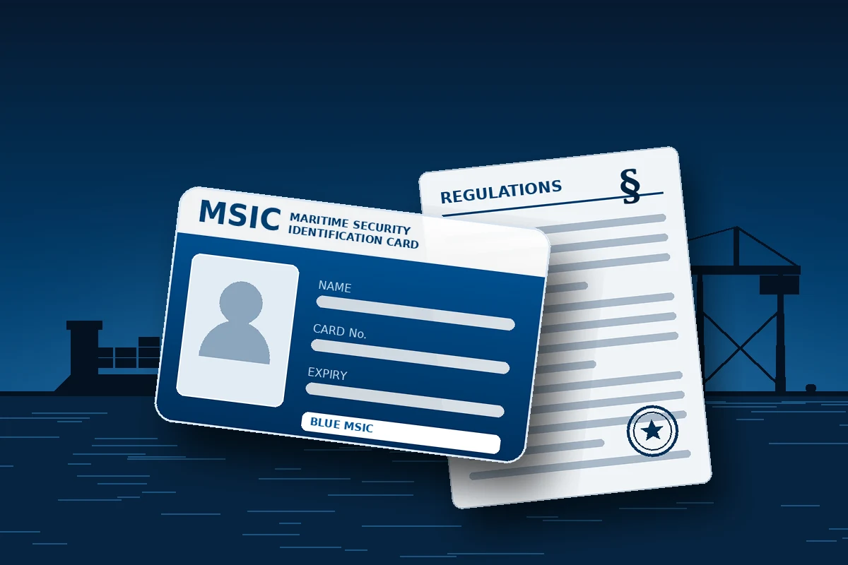 Illustration of a blue MSIC card and a regulations document in front of port cranes and a container ship