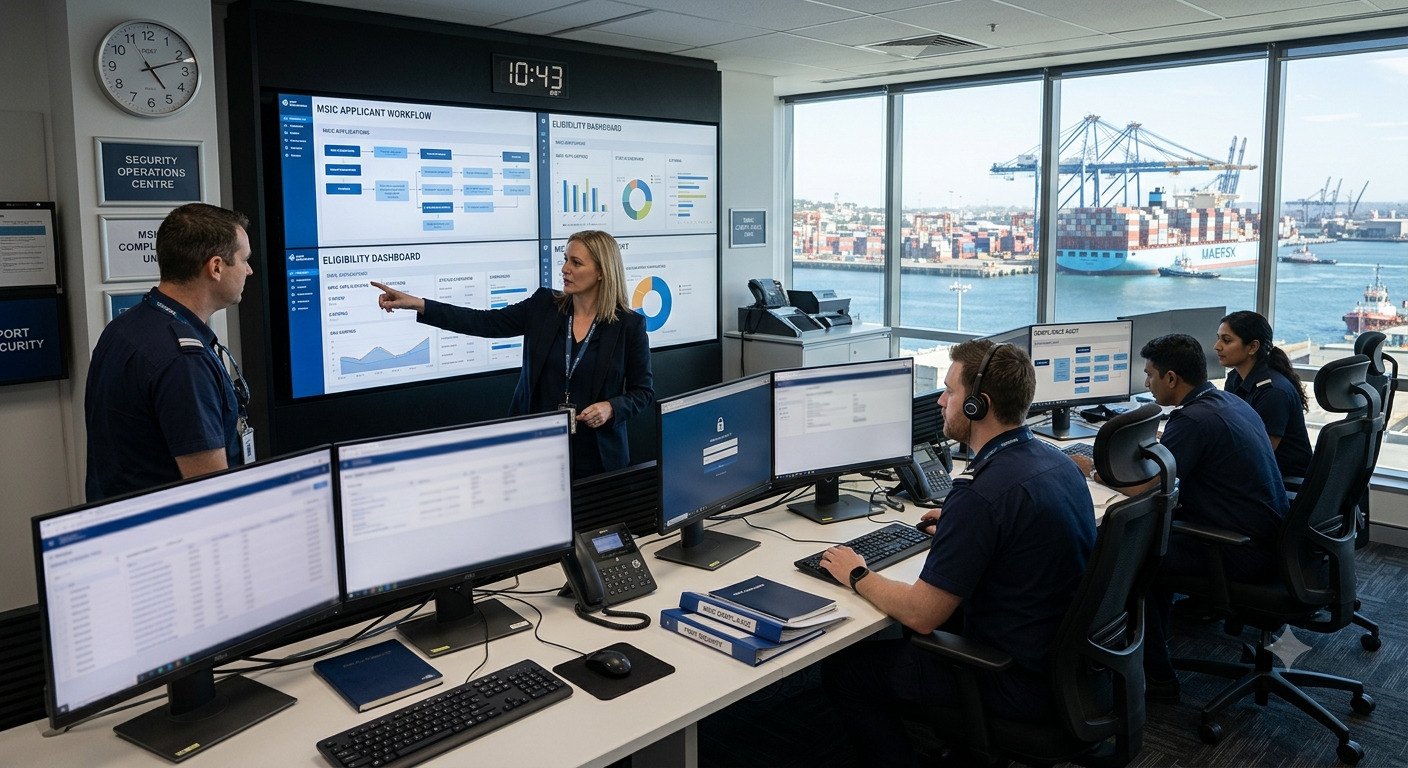 Operations staff reviewing bulk MSIC applications in a corporate portal while overlooking a busy container port