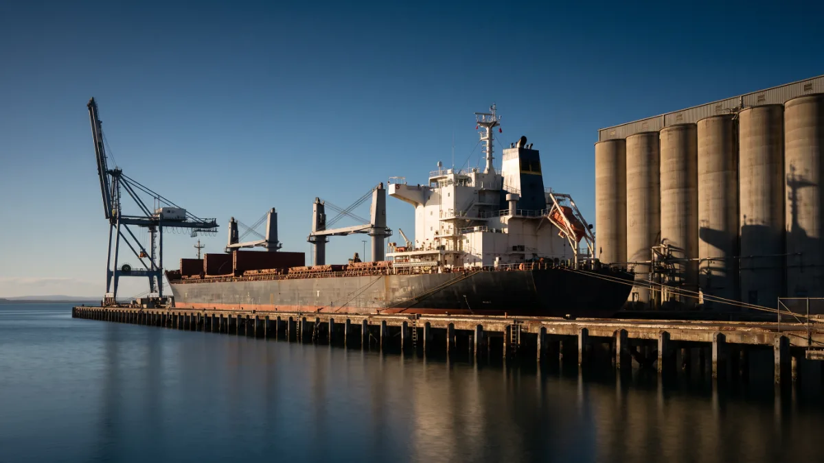 An outer harbour wharf with a container crane at one end and grain silos at the other.