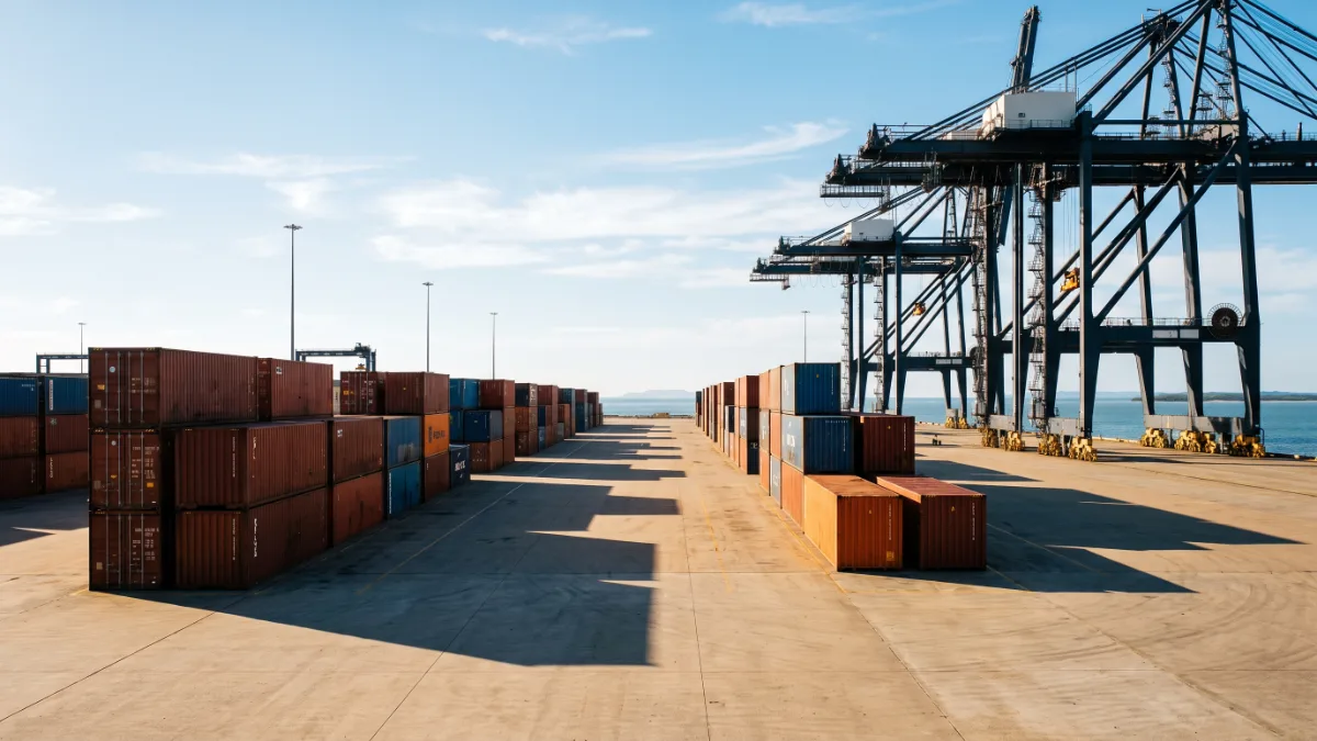 A flat coastal container terminal with long rows of containers and gantry cranes under blue sky.