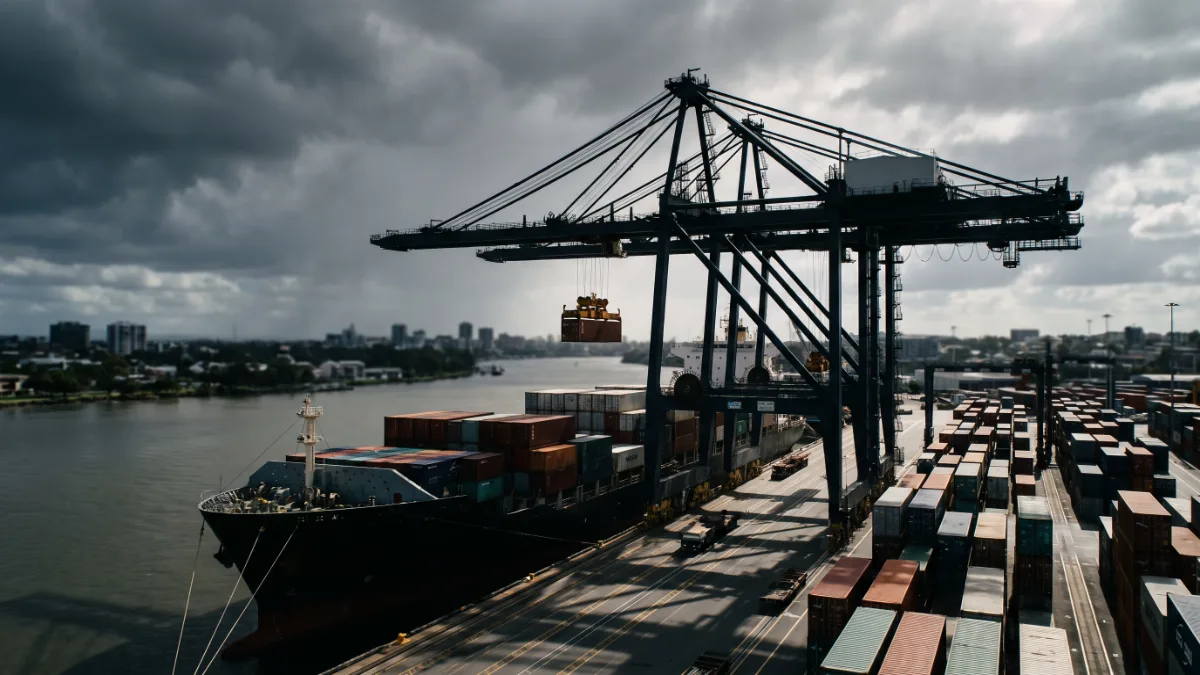 Rows of stacked shipping containers and gantry cranes beside a container ship at a river port.