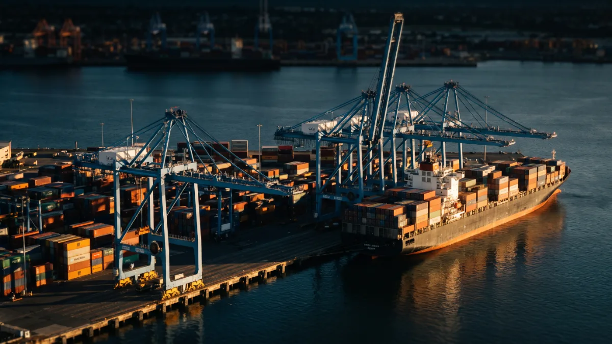 Blue gantry cranes lift containers from a ship at a container terminal in late afternoon light.