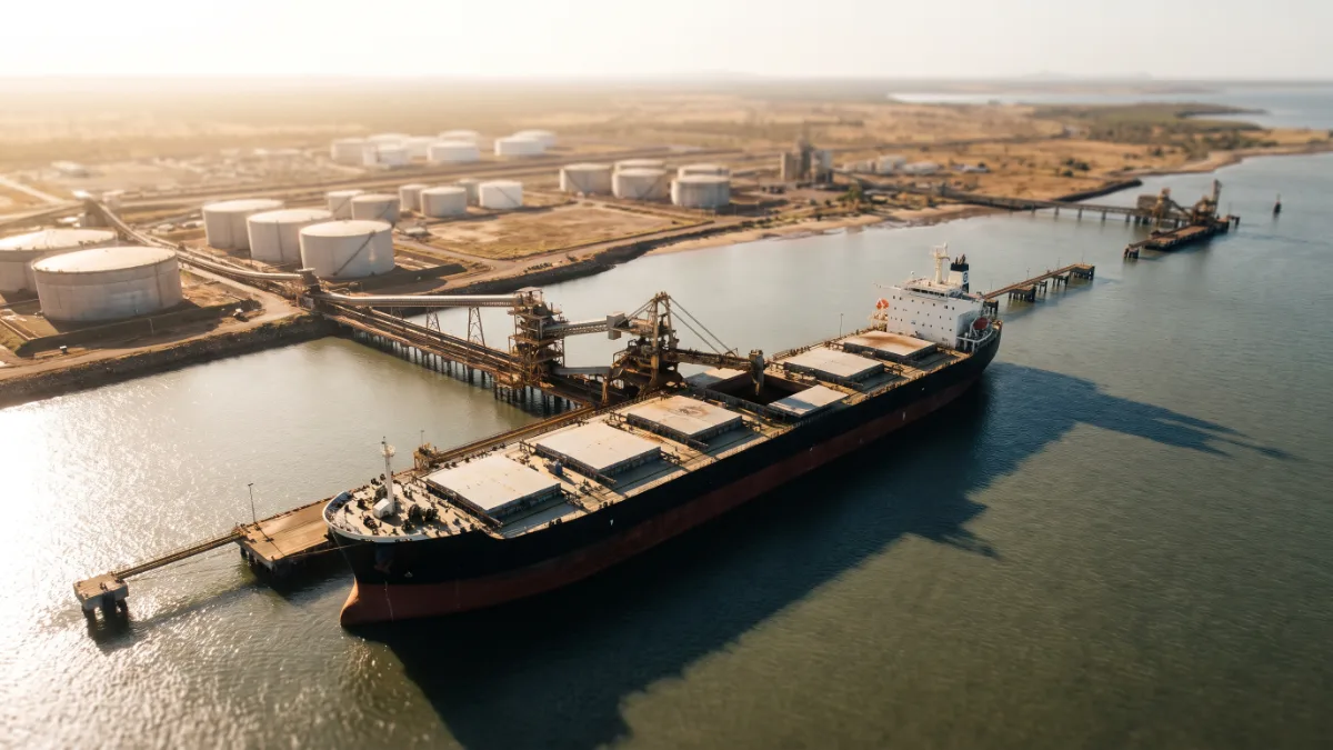 Long industrial jetties, conveyors and storage tanks with a bulk carrier under load.