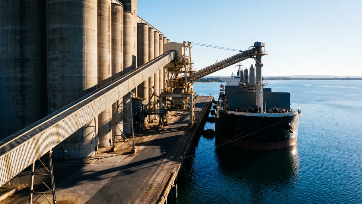 A row of concrete grain silos feeding a shiploader over a bulk carrier moored in calm blue bay water.