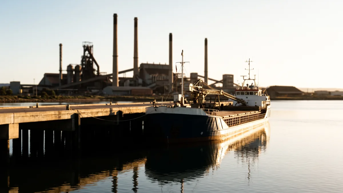 A bulk concentrate wharf on a shallow gulf with a smelter and tall stacks behind it.