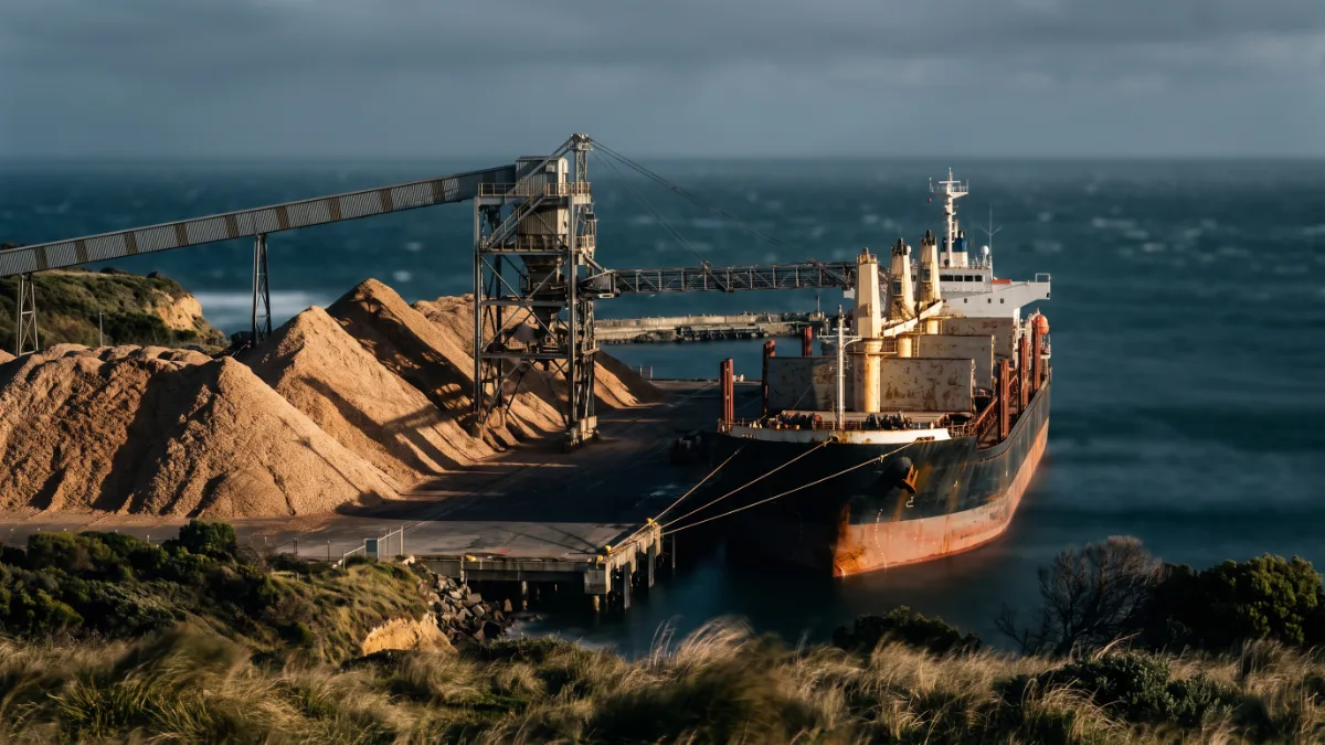 Woodchip stockpiles and a grain conveyor beside a bulk carrier at a windswept deep water wharf.