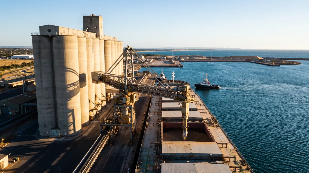 Grain silos and a loading conveyor arm reach toward a bulk carrier at a working harbour in late afternoon light.