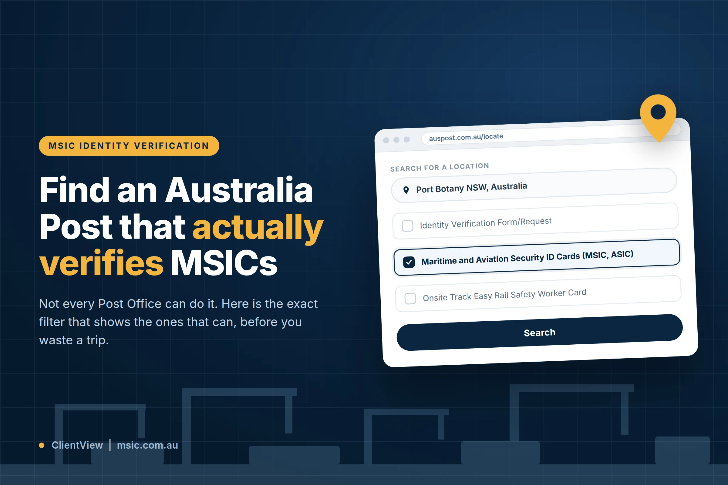 Australia Post locator with the Maritime and Aviation Security ID Cards (MSIC, ASIC) service filter ticked