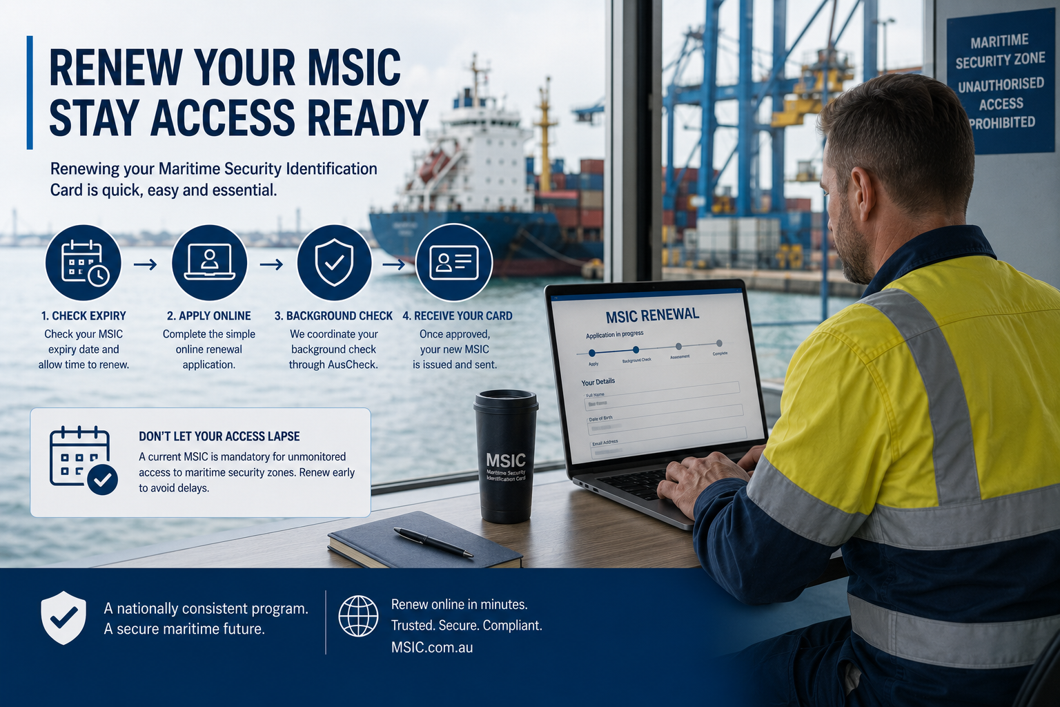 Maritime worker checking the expiry date on their Maritime Security Identification Card ahead of renewal