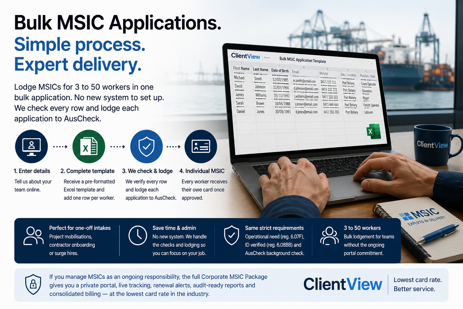 An employer completes ClientView's bulk MSIC application template for a team of three or more workers, with each entry checked and lodged to AusCheck through a simple, low-administration process.