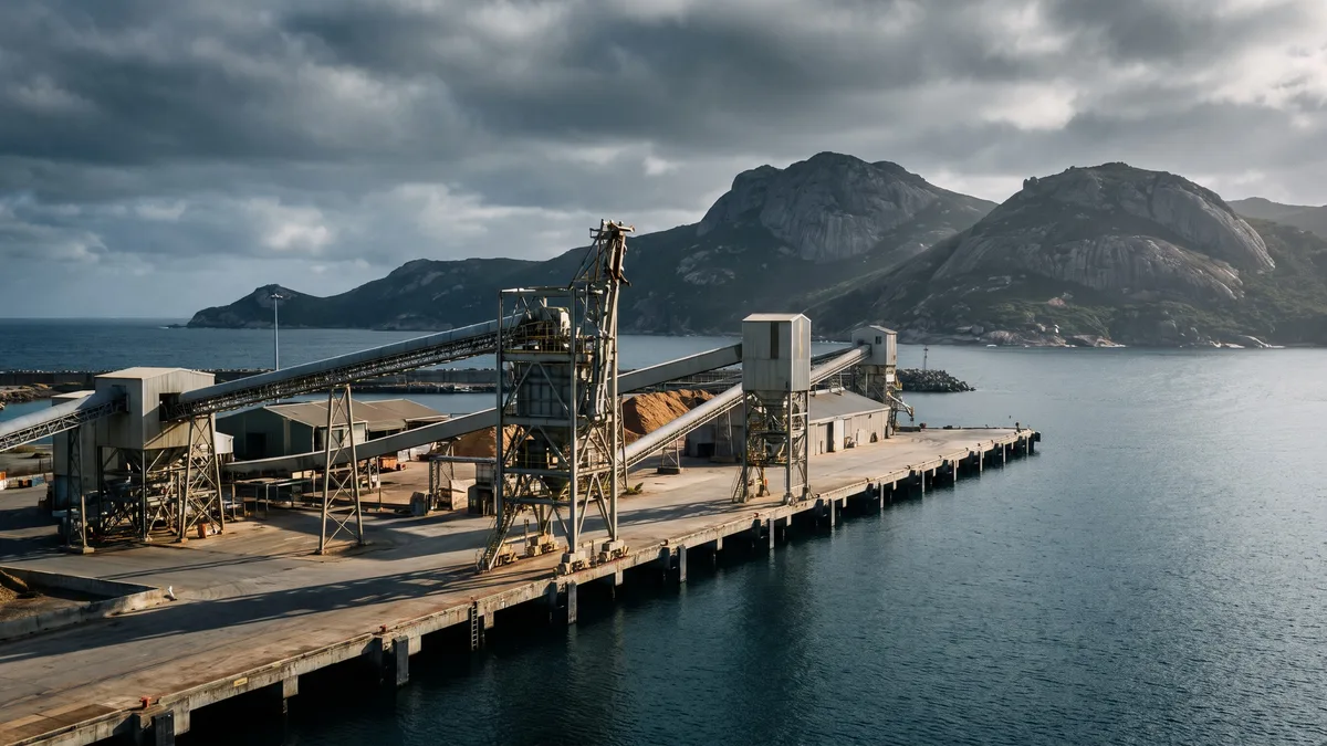 Aerial view of a bulk export wharf with conveyor loading towers and woodchip stockpiles against granite coastal hills.