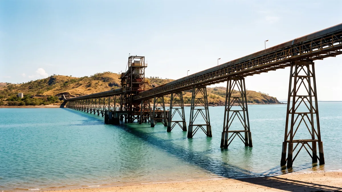 Aerial view of a coal conveyor loader on a trestle pier over turquoise coastal water, with dry savannah hills behind.