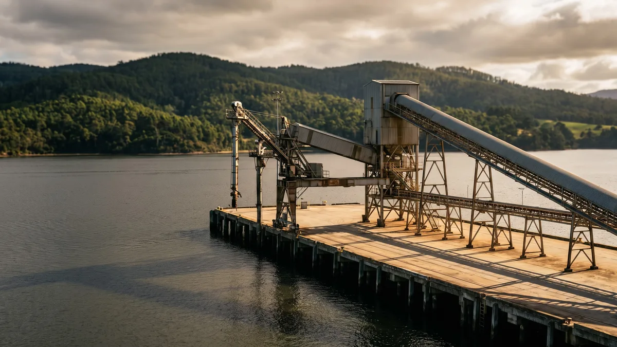 A river wharf with bulk conveyor loading structures beside calm water, forested hills behind.