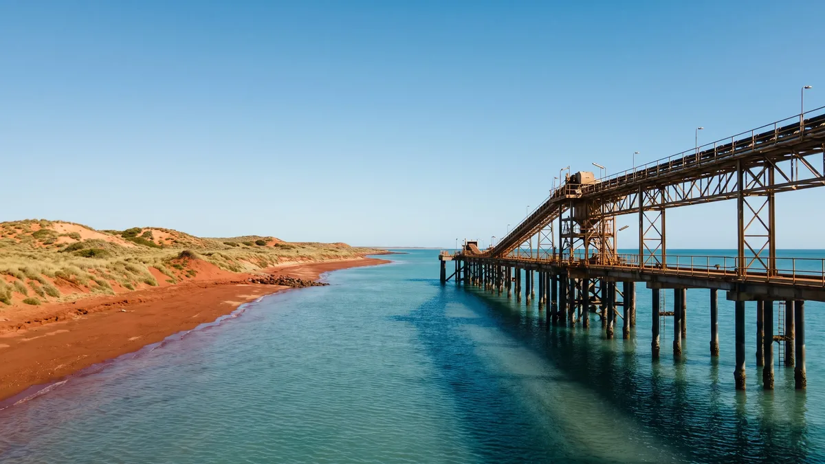 A loading conveyor jetty over turquoise water on a red pindan coastline, with low dunes and spinifex.