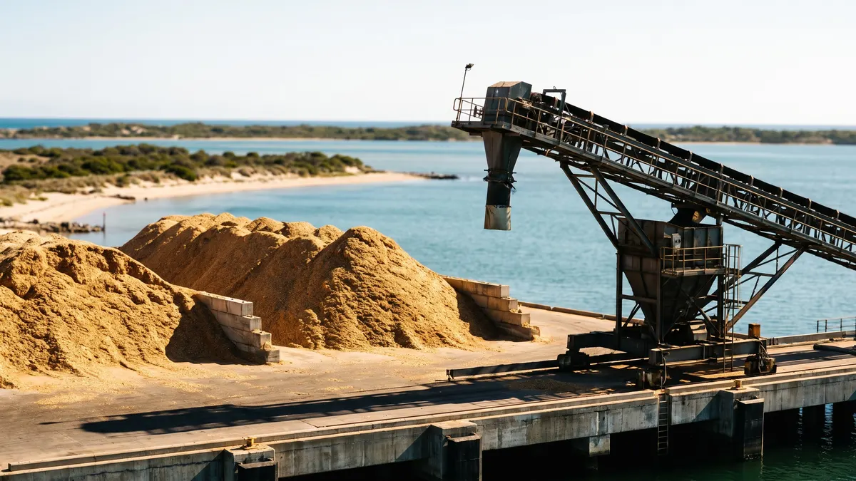 Woodchip stockpiles beside a wharf conveyor loader, with calm estuary water and a sandy foreshore behind.
